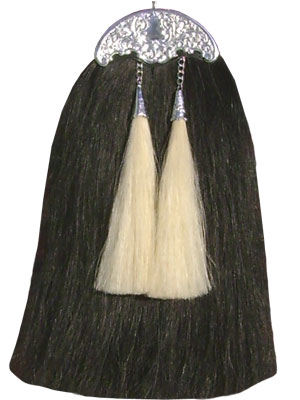 Black Horsehair Sporran with 2 White Tassels and Chrome Plated Hardware