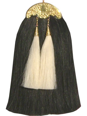 Black Horsehair Sporran with 2 White Tassels and Gold Plate Hardware