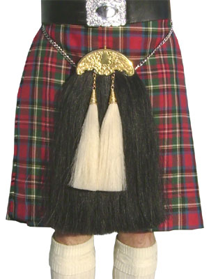 Black Horsehair Sporran with 2 White Tassels and Gold Plate Hardware