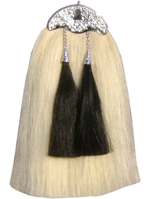 White Horsehair Sporran with 2 Black Tassels and Chrome Plate Hardware