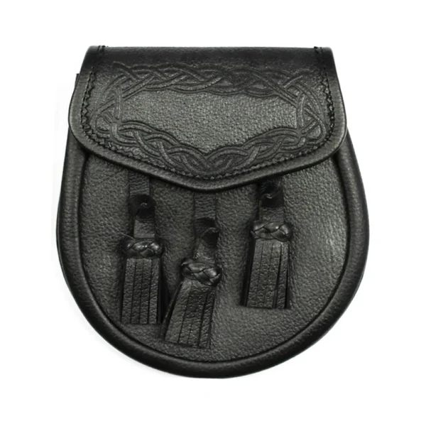 Black or Brown Grained Leather Celtic Design Sporran With 3 Knotted Tassels