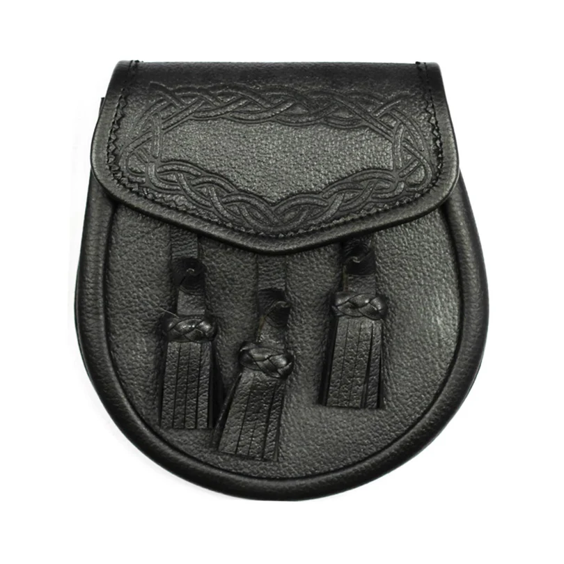Black or Brown Grained Leather Celtic Design Sporran With 3 Knotted Tassels