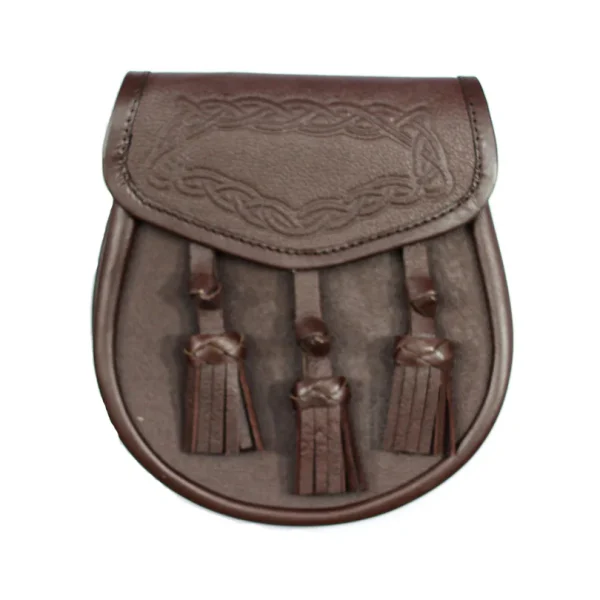 Black or Brown Grained Leather Celtic Design Sporran With 3 Knotted Tassels