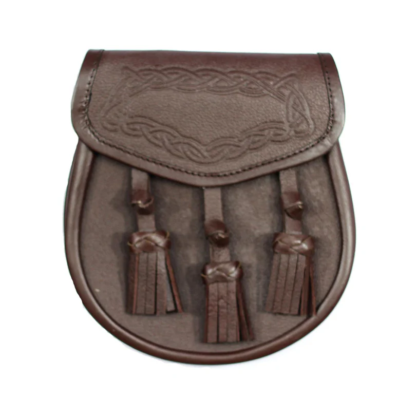 Black or Brown Grained Leather Celtic Design Sporran With 3 Knotted Tassels - Image 2