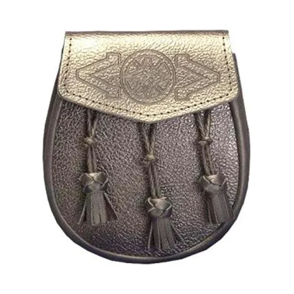 Black or Brown Grained Leather Sporran 3 Knotted Tassels And Chain Belt