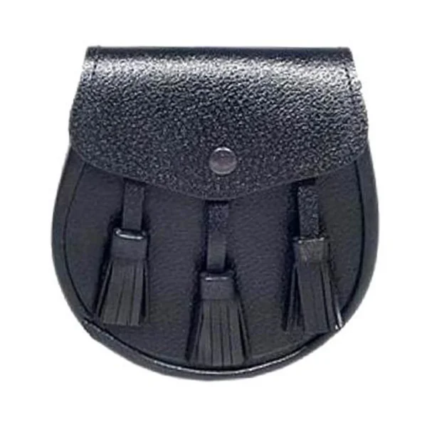 Black or Brown Grained Leather Sporran 3 Tassels With Chain Belt