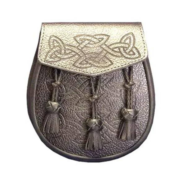 Black or Brown Grained Leather Sporran Embossed Body With 3 Tassels