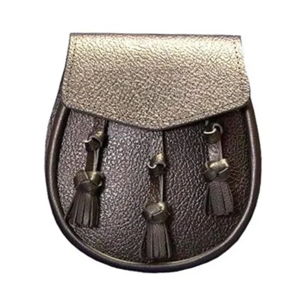 Black or Brown Grained Leather Sporran With 3 Knotted Leather Tassels