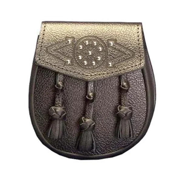 Black or Brown Leather Grained Leather Sporran With 3 Knotted Tassels