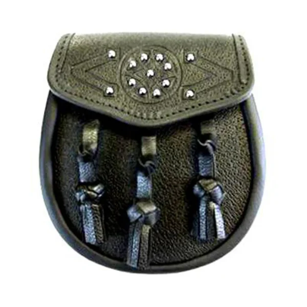 Black or Brown Leather Grained Leather Sporran With 3 Knotted Tassels