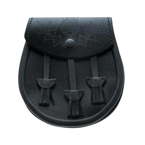 Black or Brown Grained Leather Sporran With 3 Plain Leather Tassels