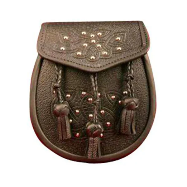 Black or Brown Grained Leather Sporran With 3 Tassels And Chain Belt