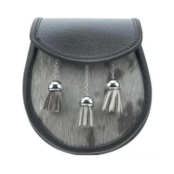 Black or Brown Leather Sporran Buffalo Skin Front With 3 Chain Tassels