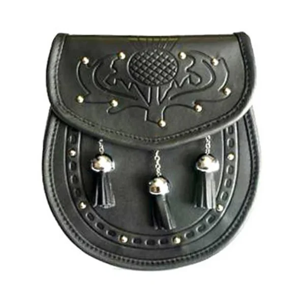 Black or Brown Plain Leather Sporran With 3 Chrome Chain Tassels